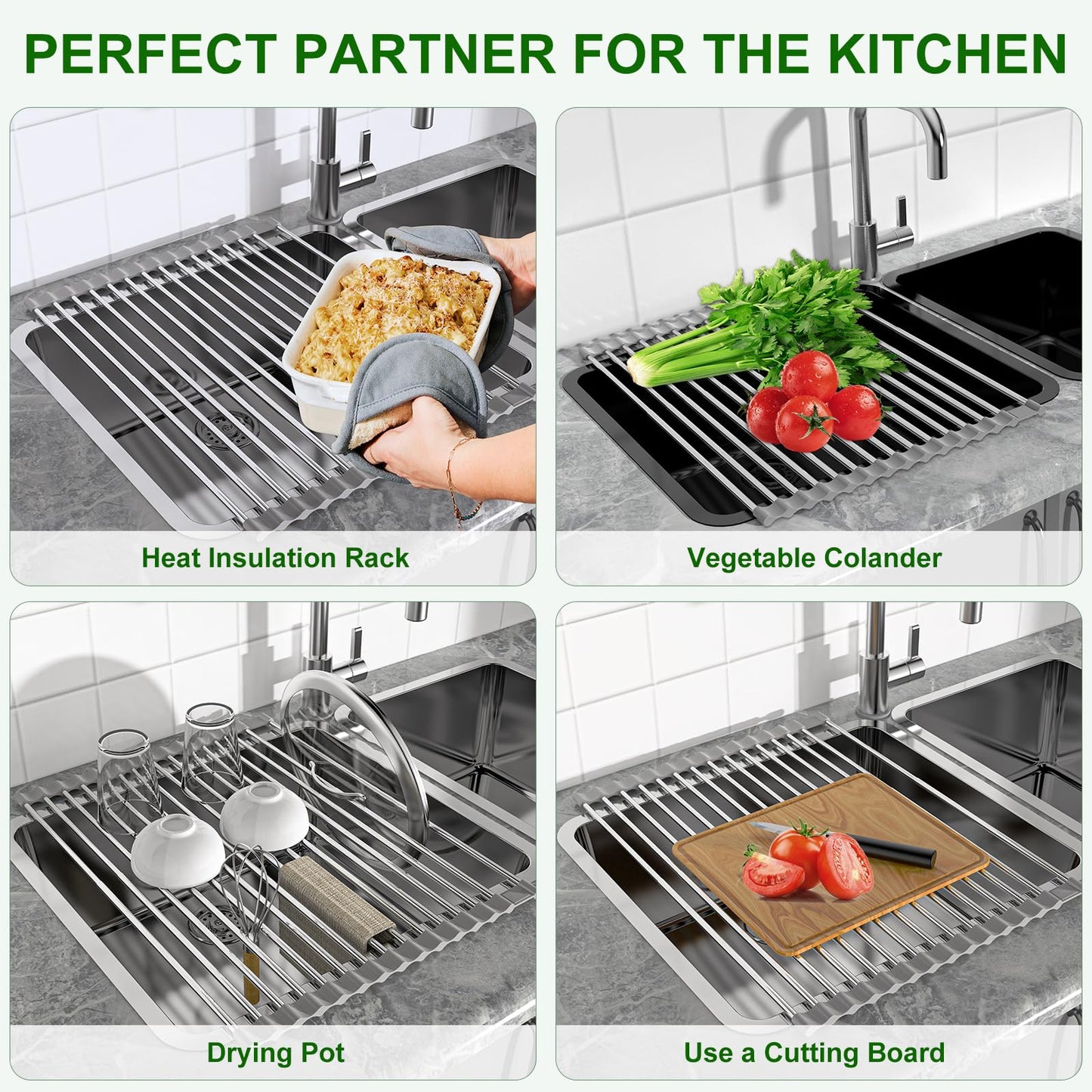 Sindax 23.7" Extra Large Dish Drying Rack, Expandable Roll Up Over The Sink Dish Drying Rack, SUS304 Stainless Steel Multipurpose Kitchen Drainer Rack Up Load to 70Lb