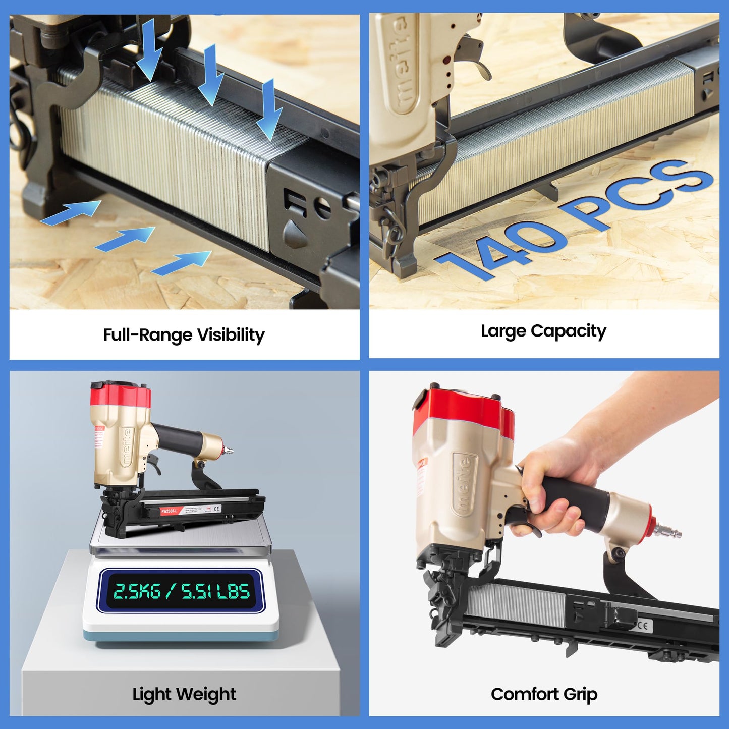 meite 16 Gauge 1-Inch Wide Crown Stapler, Pneumatic Heavy Duty Staple Gun for Roofing & Lathing, Tool-Free Jam Release & Visible Mag, Accepts 5/8"- 1-1/2" P-Type Staples PW2638-L