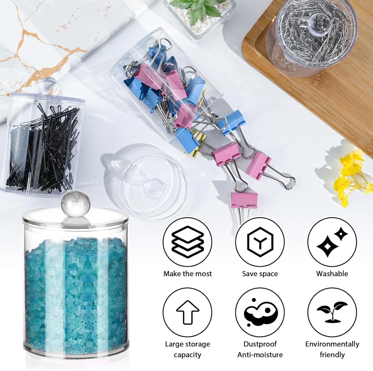 XIPENGKEJI Qtip Holder Set - 6 Pack Apothecary Jars with Lids for Bathroom Organization | Clear 10oz-12oz