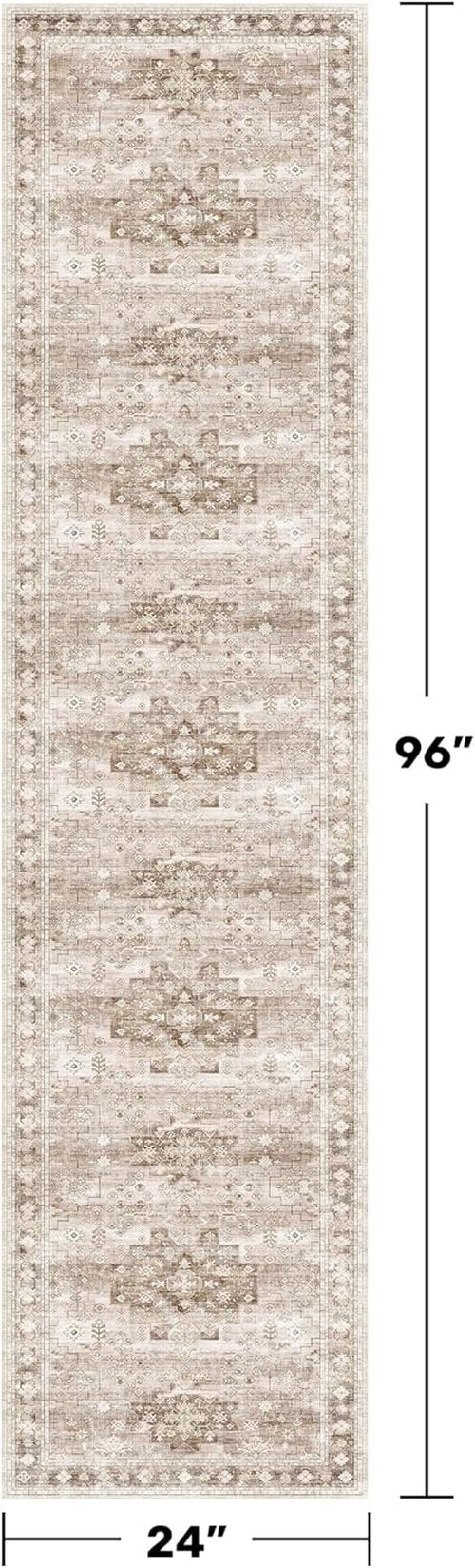 Boho 2x8 Long Runner Rug - Non-Slip Vintage Floral Design for Kitchen & Hallway | Washable Beige Latte
