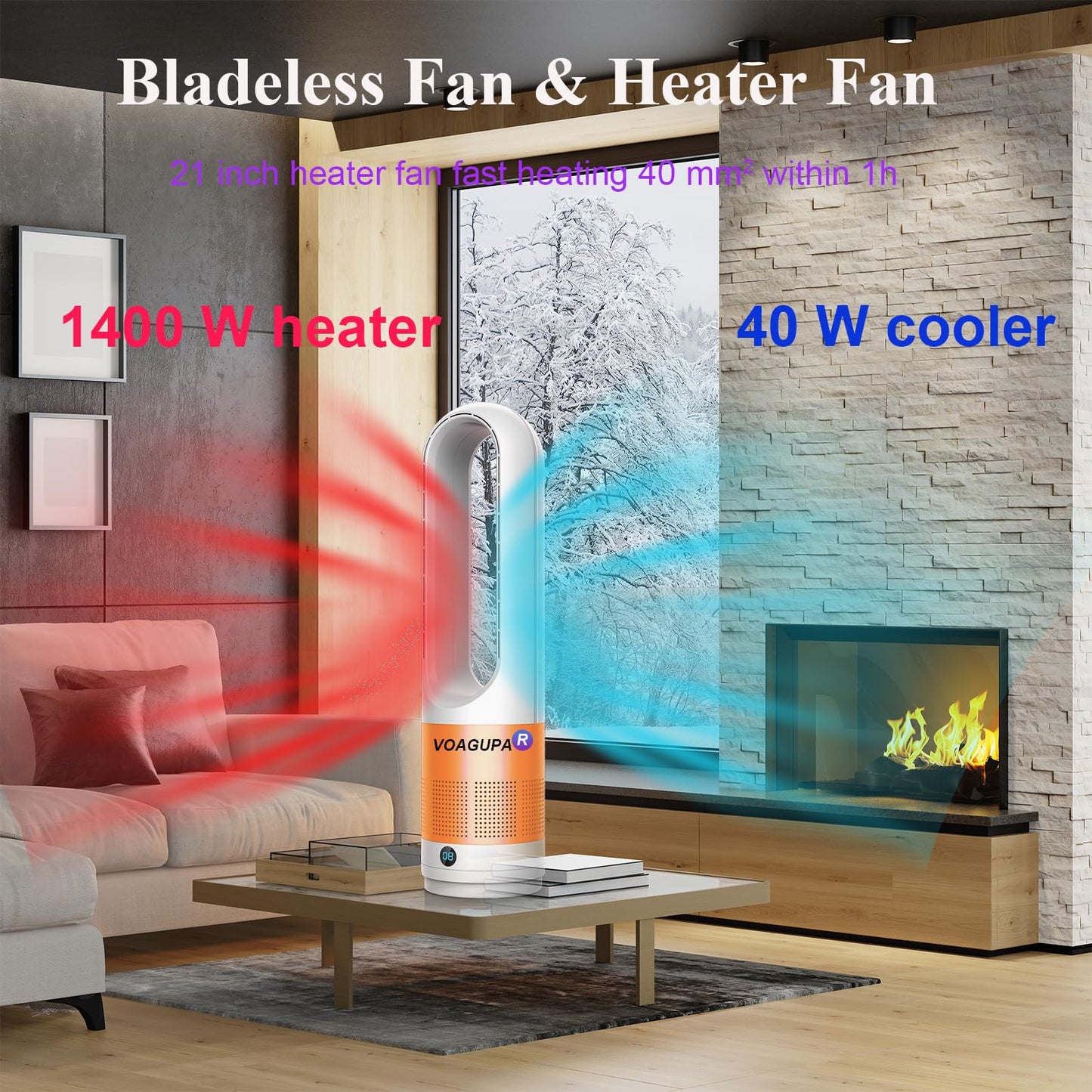 Bladeless Heater and Fan Combo, 1400 Watt Heater Fan and 40 Watt Cold Fan, 80° Oscillating Fan, All the Season Use, Remote and Touch Control, Floor Tower fan, Office Room, Bedroom, Orange White