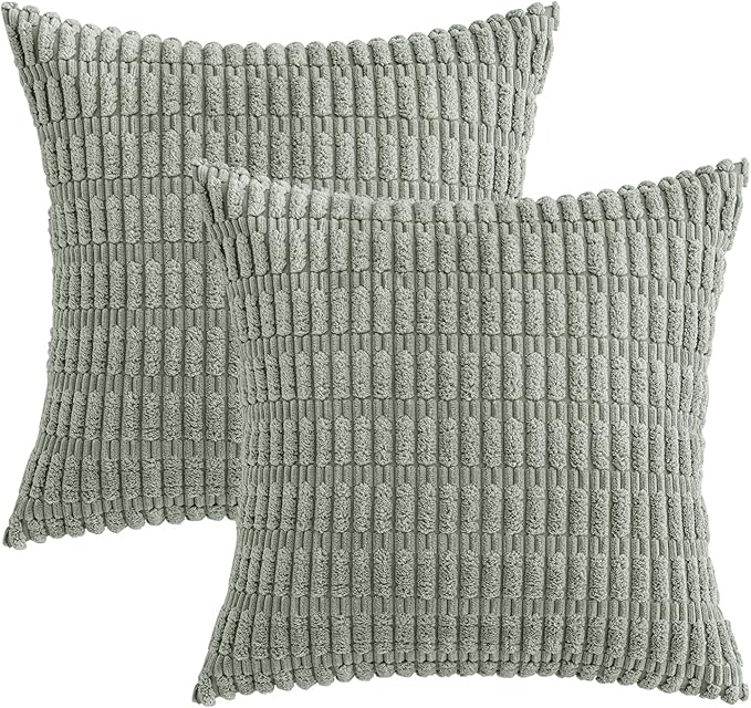 MIULEE Pack of 2 Spring Corduroy Decorative Euro Sham Throw Pillow Covers 24x24 Inch Soft Boho Striped Pillow Covers Modern Farmhouse Home Decor for Summer Sofa Living Room Couch Bed Greyish Green