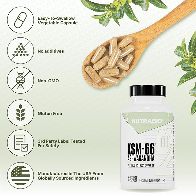 NutraBio Ashwagandha KSM-66 | Ashwaganda Herbal Supplement for Stress, Mood, & Performance | 600 MG of Clinically Studied KSM66 60 Capsules