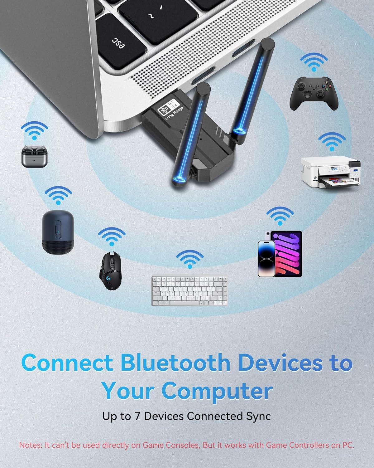 RENGOGA 5.4 150M 11/10/8 USB Bluetooth Dongle for PC Plug & Play Bluetooth Adapter PC Transmitter & Reciver, EDR & BLE
