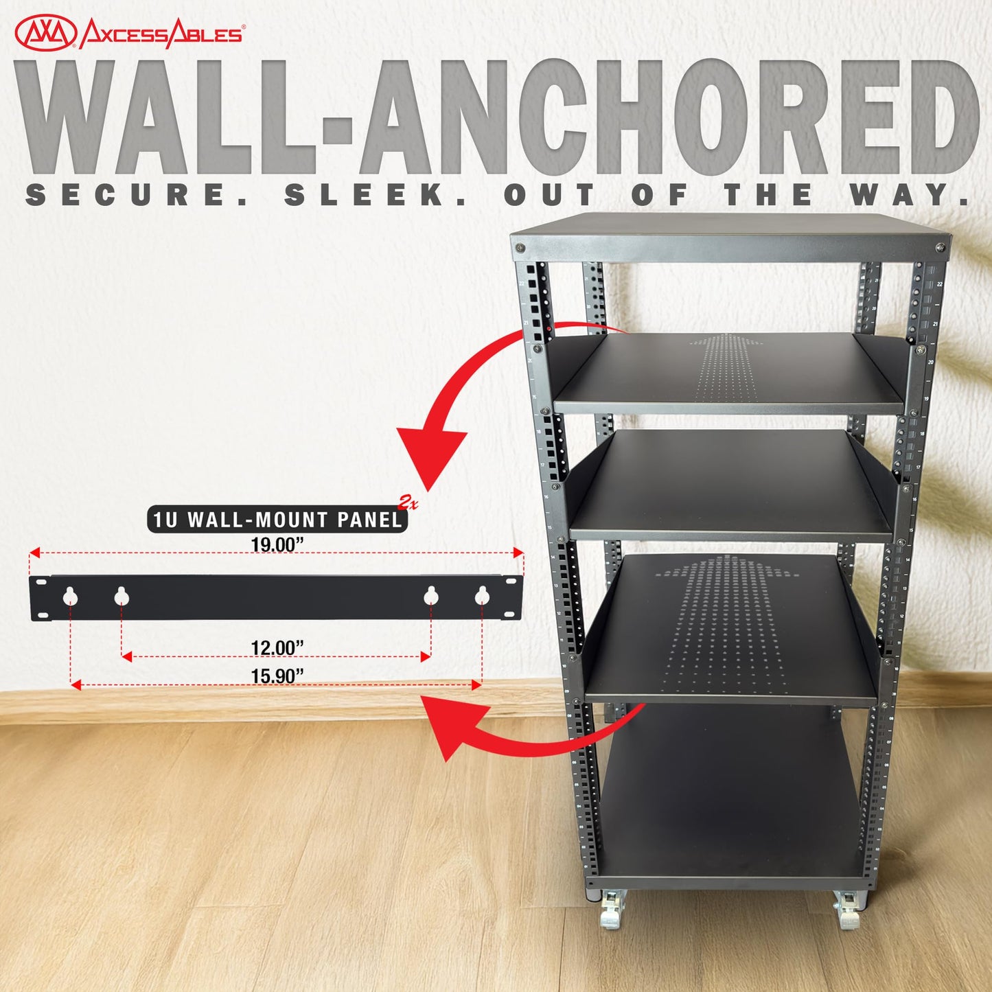 AxcessAbles 22U Open Frame Network & AV Rack with Caster Wheels, Three 2U Shelves, 10-32 & Cage Nut Compatible Rails, Cage Nuts, Screws, Cage Nut Tool & Wall Mount Kit | 19-Inch Equipment Rack