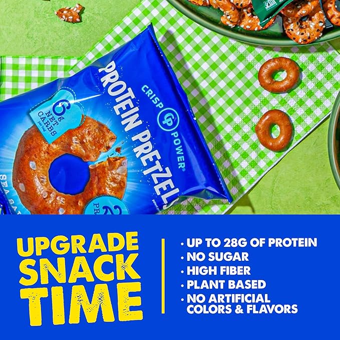 Crisp Power Protein Pretzels, Sea Salt, High Protein Vegan Keto Snack, 28 G Plant Based Protein, Low Carb Crunchy Pretzel Snacks, Sugar Free, No Seed Oils, 1.75 oz Bags, 6 Pack