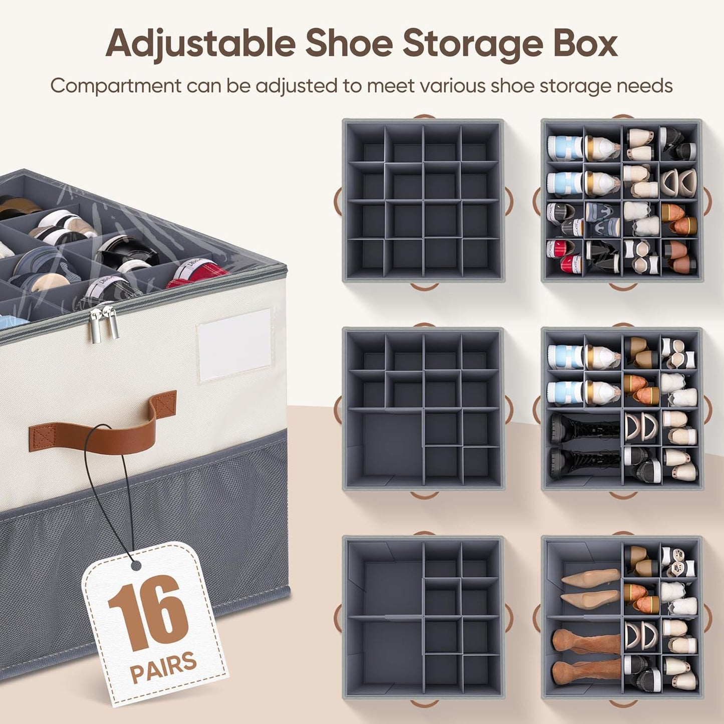 Regine Switzerland Shoe Organizer - 2 Pack Adjustable Storage Containers for 16-32 Pairs | Beige & Grey