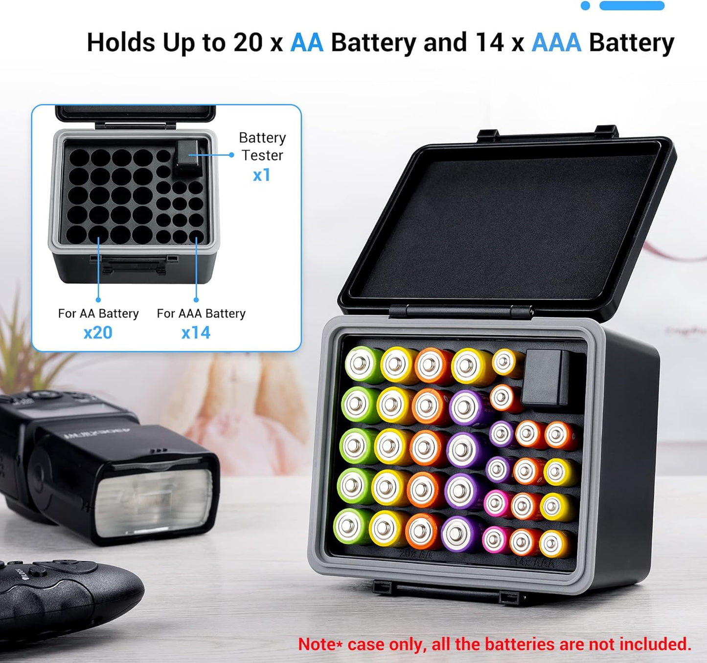 JJC 20 14 AA AAA Battery Case Holder for Double A Battery and Triple A Battery with Removable Battery Tester