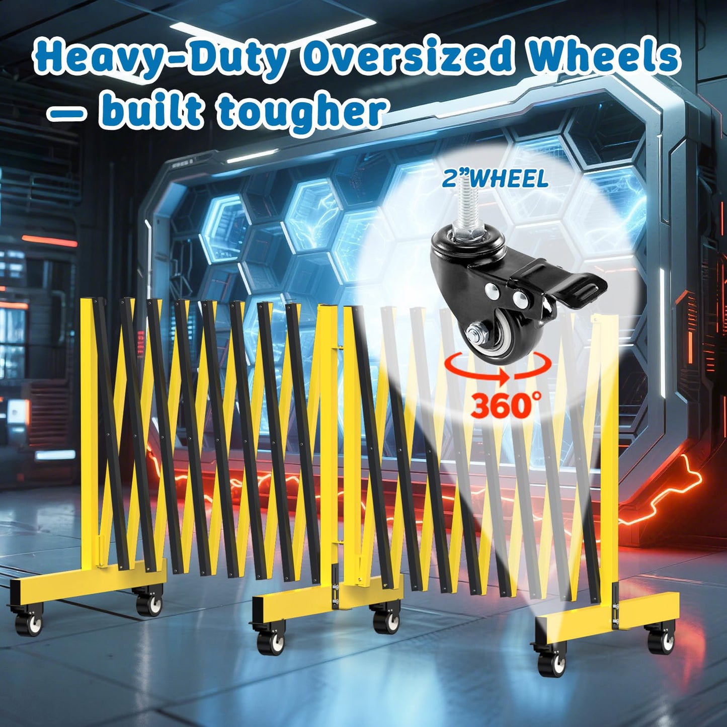 23 FT Industrial Expandable Barricade, Folding Security Gate with Wheels, Retractable Driveway Gate, Adjustable Traffic Fence for Construction Site, Traffic Control, Cordon, Elevator, Garage
