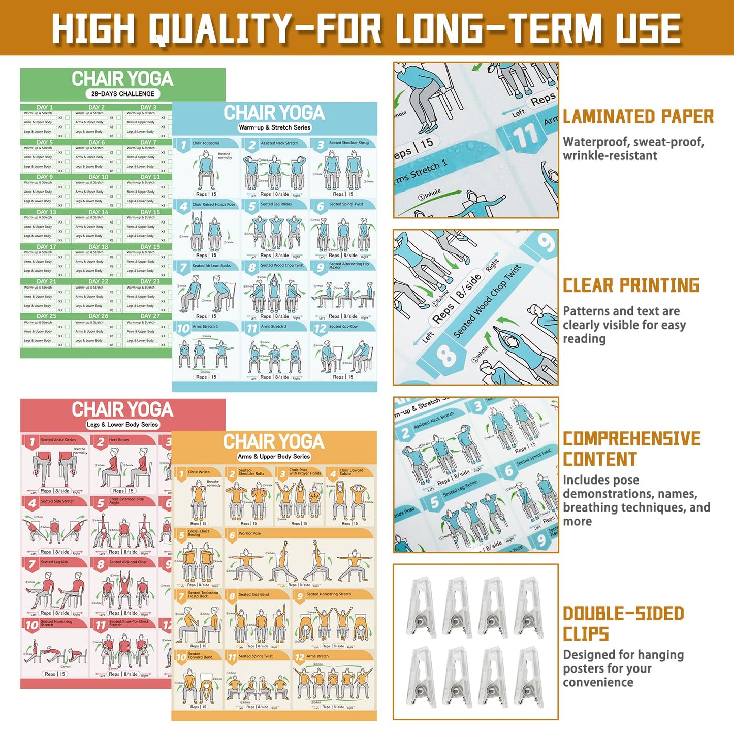 Chair Yoga Poster Set for Seniors & Beginners-3 Illustrated Guides,1 28-Day Challenges, 8 Double-Sided Clips &1 Dry-Erase Marker, 36 Poses Wall Chart Includes Postures, Instructions & Breathing Tips