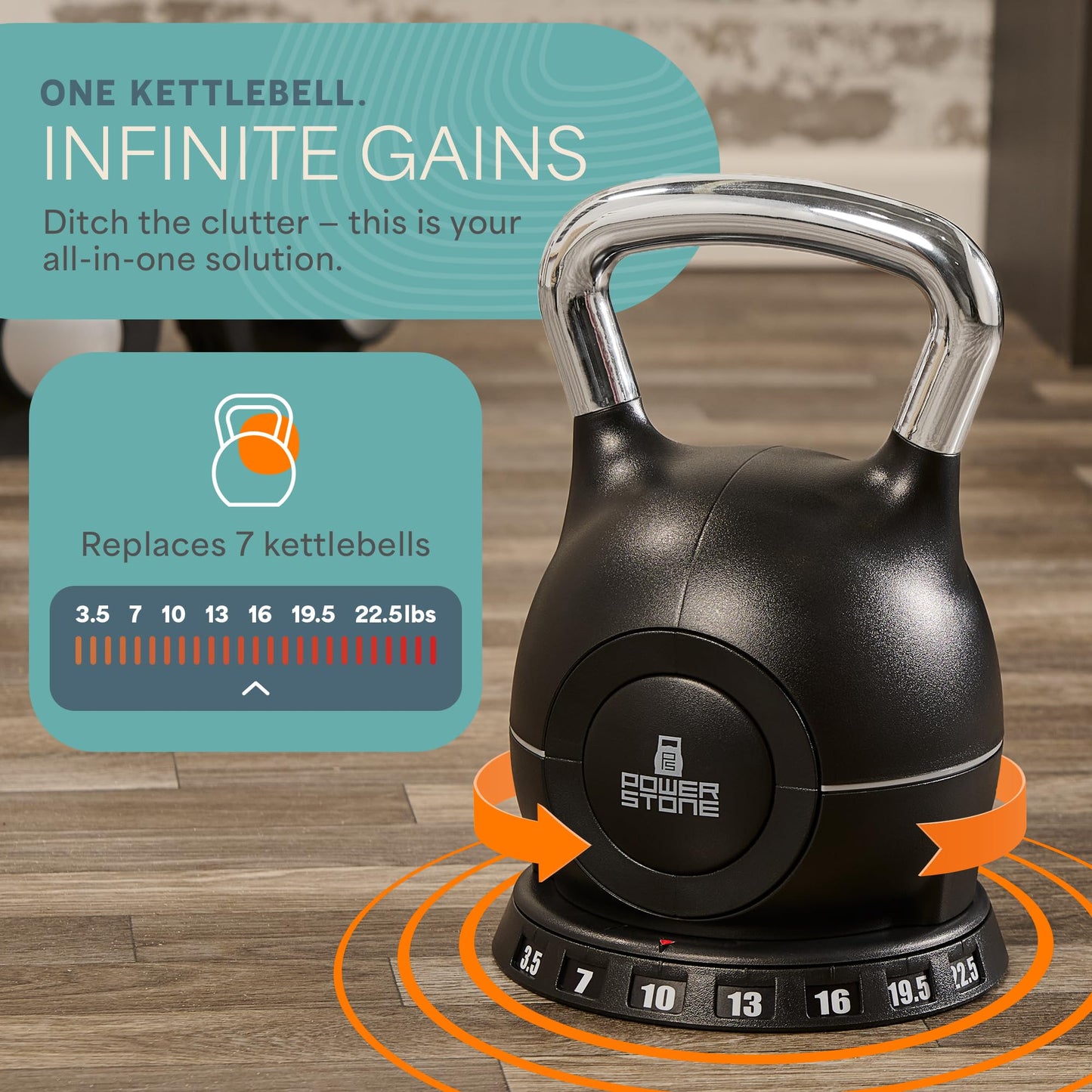 LifePro 7-in-1 Adjustable Kettlebell, 3.5–22.5 LB – PowerStone, Die-Cast Aluminum & Steel, Space-Saving Set with Handle-Twist Adjustment – Strength Training Kettlebell with Storage Base