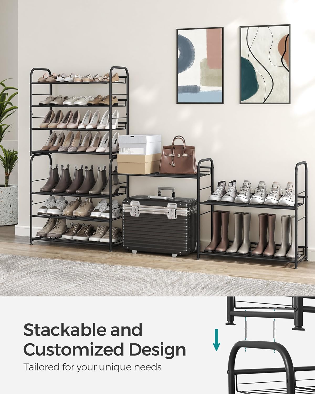 SONGMICS 4-Tier Stackable Shoe Rack - Adjustable Metal Storage Shelf for 16 Pairs | Black