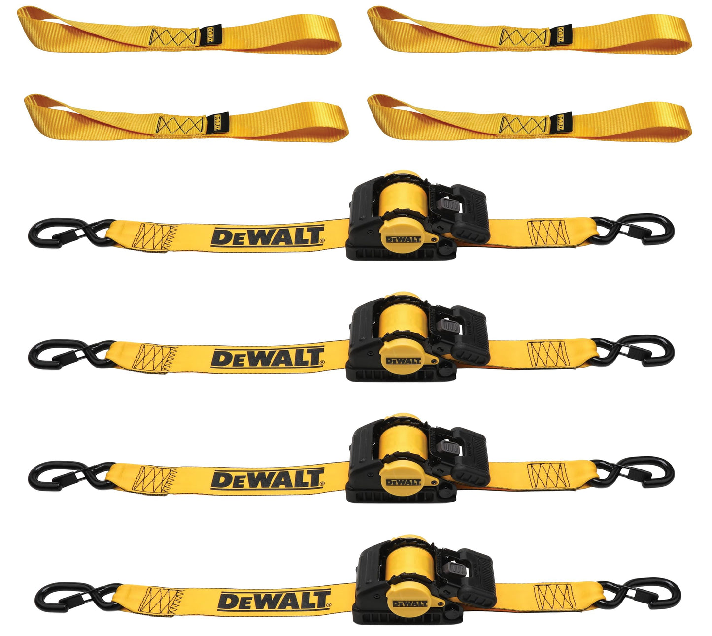DEWALT DXBC9002-2X 8-Piece Kit with 2” x 10’ Auto Retractable Ratchet Straps (3,300 lb Break Strength) and 1.7" x 18" Premium Soft Loops (11,000 lb Break Strength)