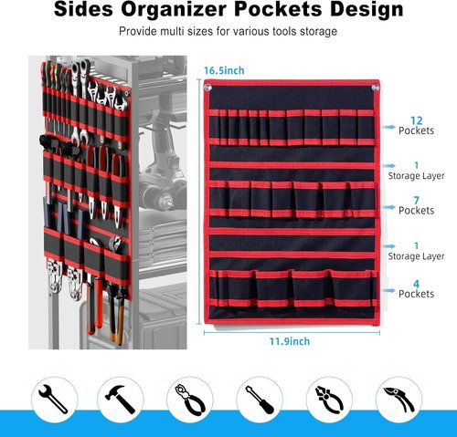 JUNNUJ Power Tool Organizer Cart - Heavy-Duty Rolling Storage with Charging Station & 8 Outlet Power Strip - Red