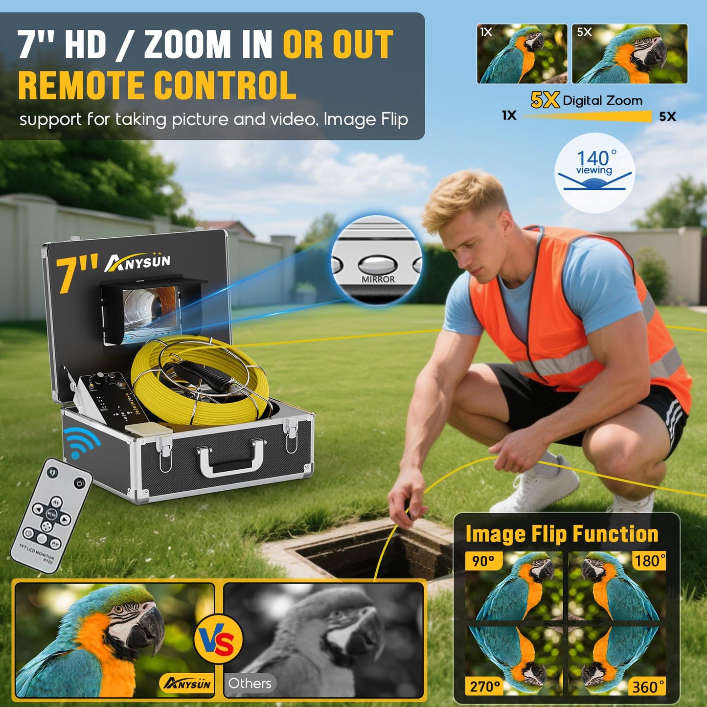 Sewer Camera 100FT, Can Connect External Monitor, Zoom in and Out, IP68 Waterproof, 12 pcs Adjustable Light, Plumbing Snake Cam with DVR Pipe Video Inspection, for Sewer Line, Drain, Duct, Plumbing