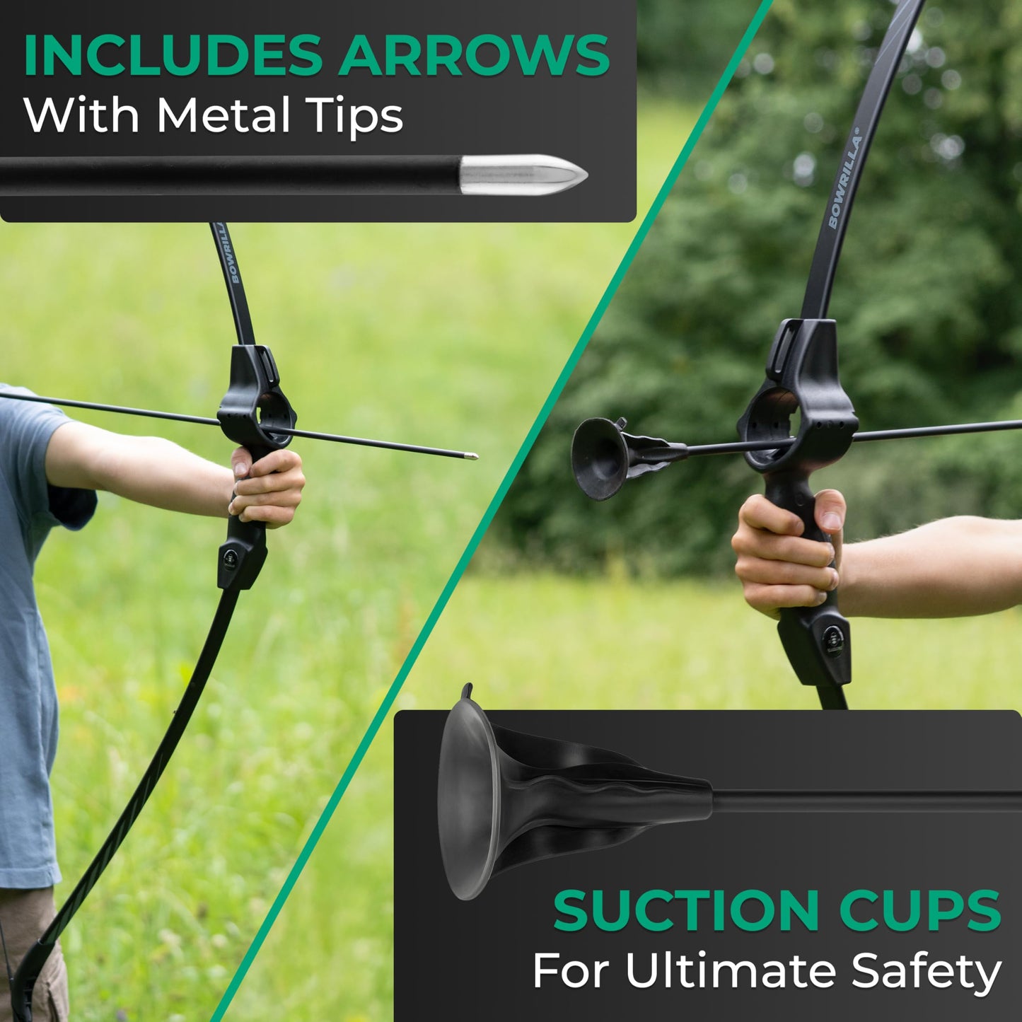 BOWRILLA® Bow and Arrow for Kids Ages 6+ | Beginner Archery Set with Aim Guide, 6 Carbon Hybrid Arrows & 3 Targets | 3-Piece Take-Down Recurve Youth Bow for Left & Right Handers