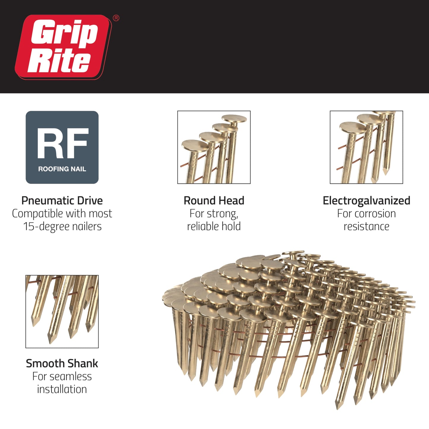 Grip-Rite 15 Degree Galvanized Roofing Nails - Secure Shingles to Wood Substrates - 1-3/4" - 7200 Count - GRCR5DGAL