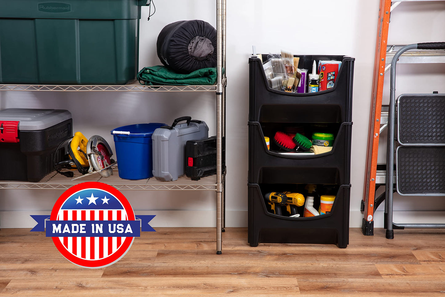 Mighty Tuff Jumbo Stackable Storage Bins, Pack of 3, Easy-Access Storage, Large Easy-to-Grip Handles, Wide Front Opening, Interlocking, Stack Vertically, Black