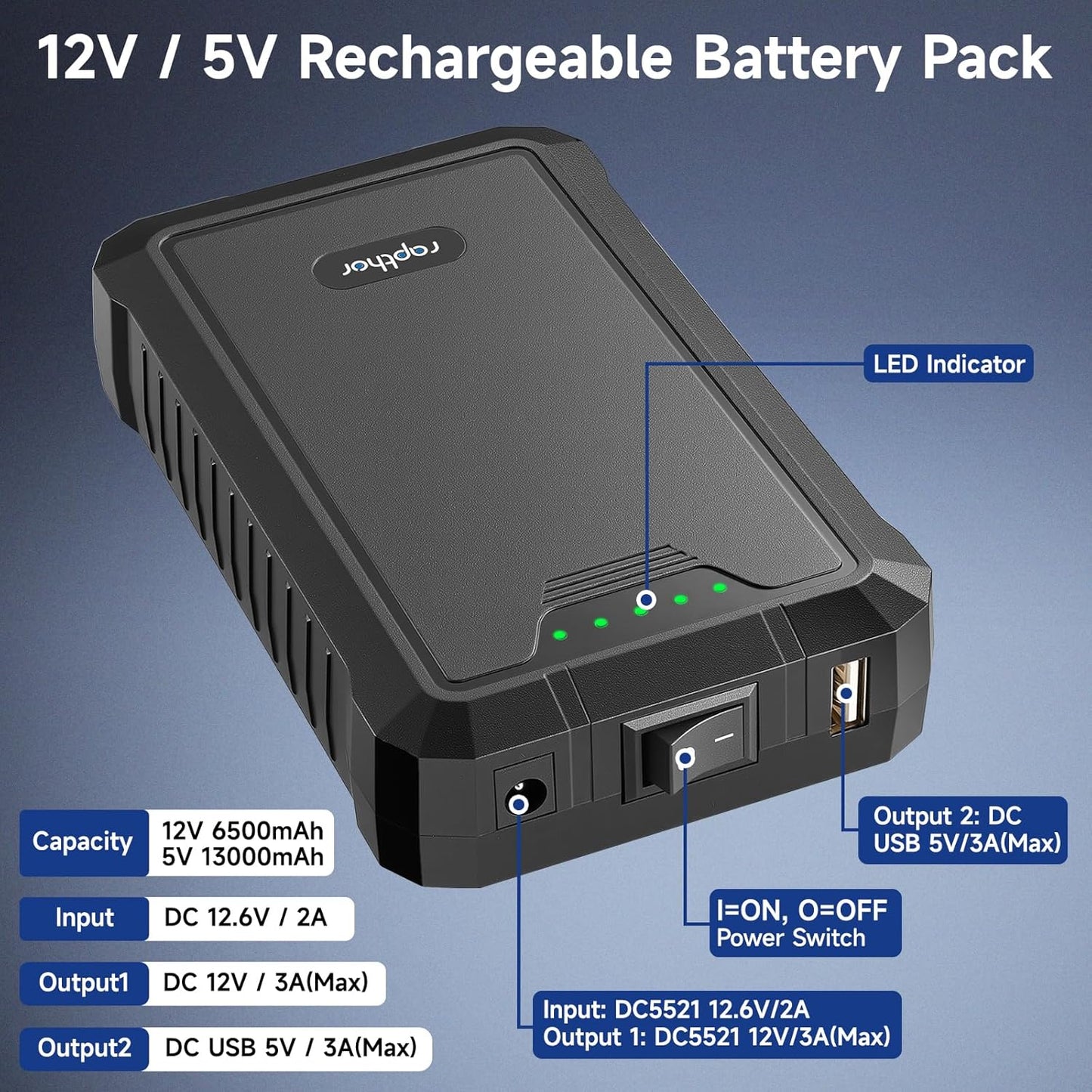 rapthor 12V 6500mAh 5V 13000mAh Pack 12.6V 2A Upgraded Rechargeable / DC Output Battery with Fast Charging Adapter