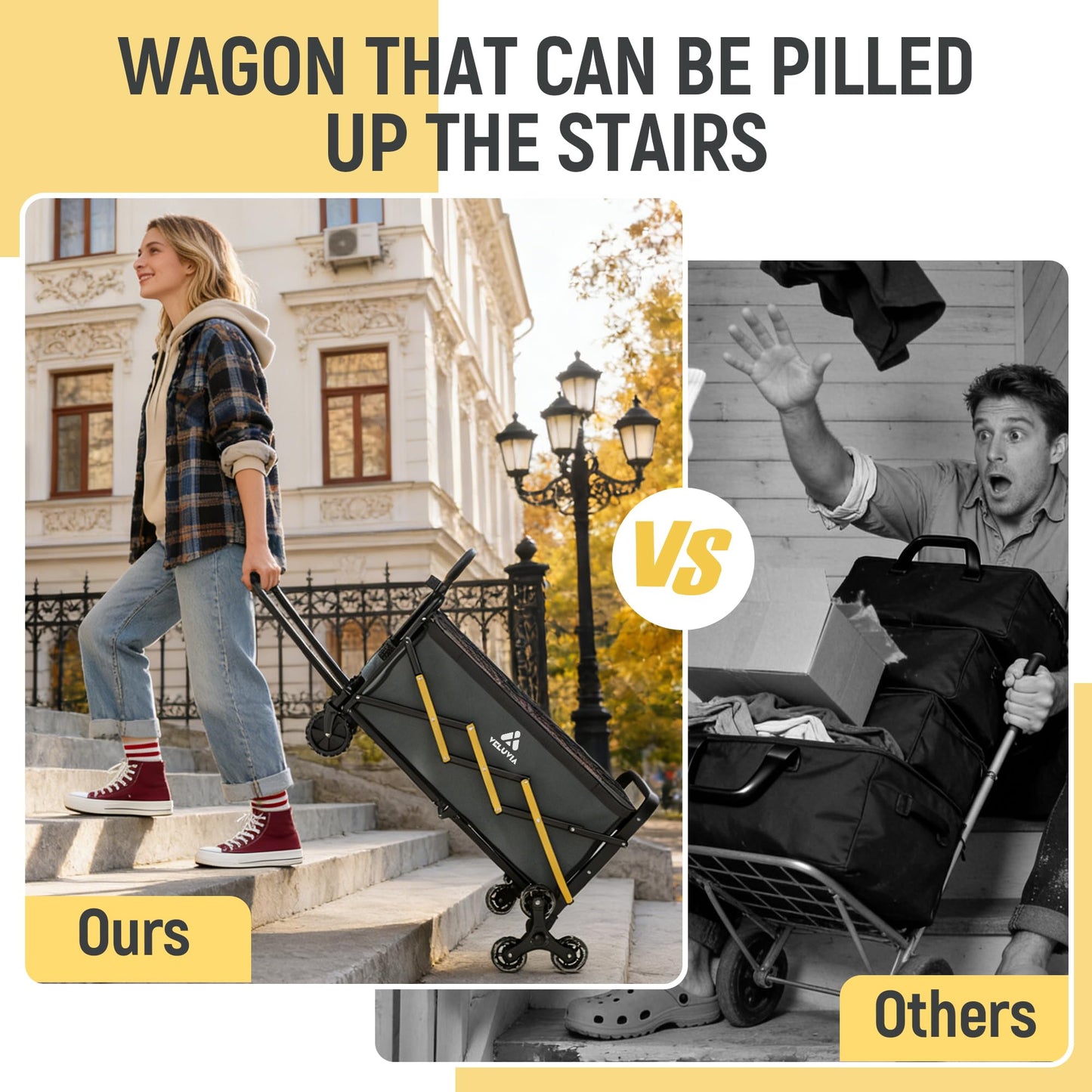Folding Utility Cart with Triangular Wheels - 2 in 1 Collapsible Stairs Climbing Wagon, Lightweight Shopping Hand Truck with Telescoping Handle for Groceries, Laundry, Travel, Move, Office
