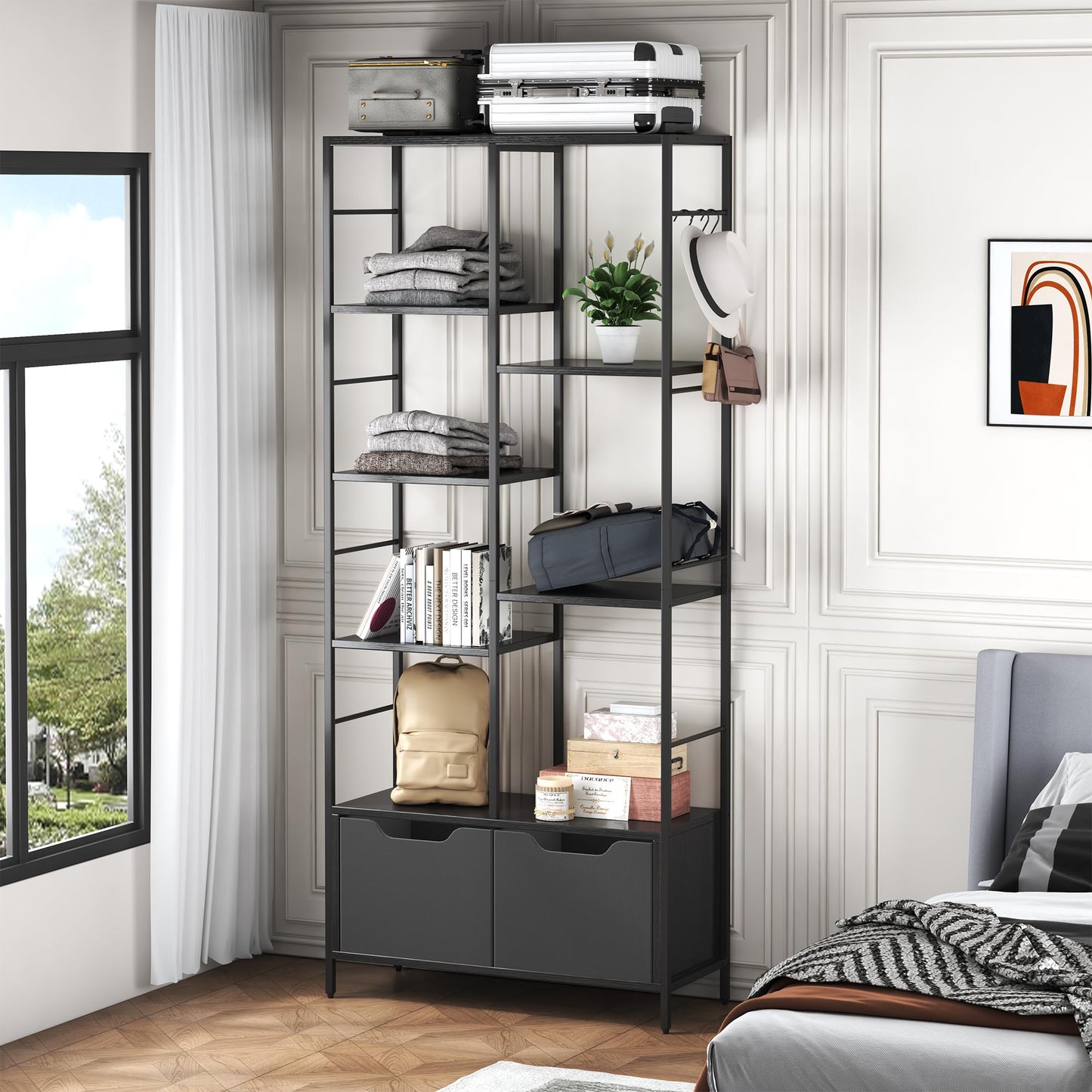 ZERDER 5 Tier Bookshelf, Bookcase with 5 Shelves, Storage Rack Organizer, Corner Wood Storage Shelf with Metal Frame for Bedroom, Living Room (Black)