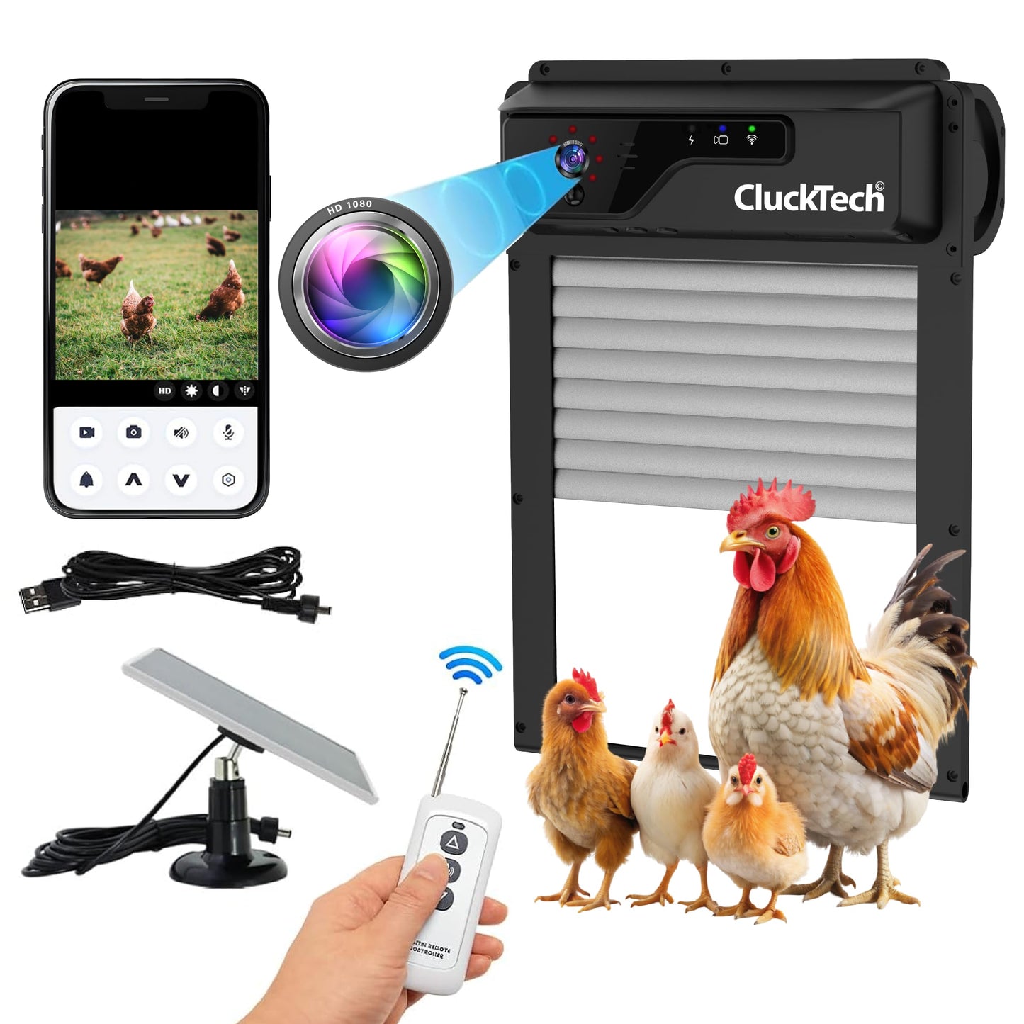 Automatic Chicken Coop Door with 1080p Camera - Solar Powered - 5000mAh Battery - App Remote Control and Opener with Timer - Auto Open/Close - Heavy Duty - Night Vision - Alarm Drive