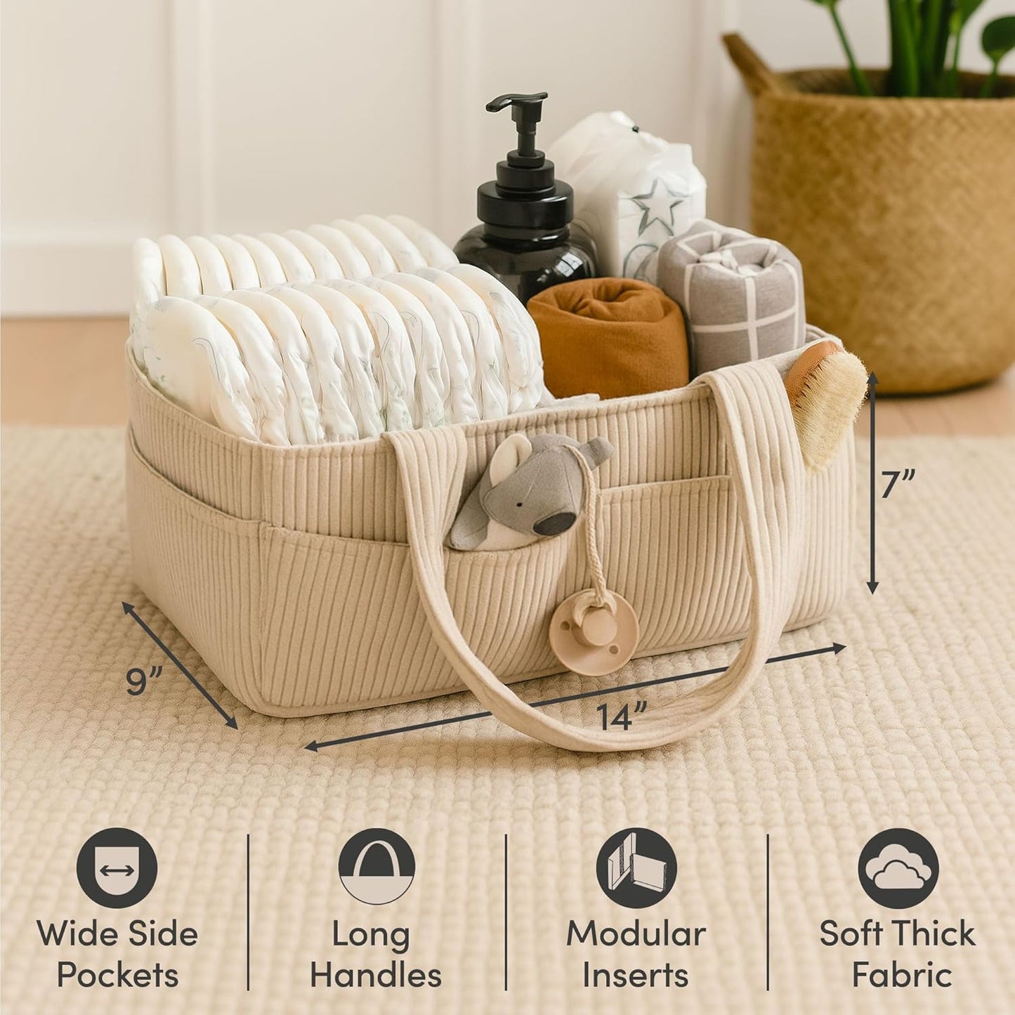 PUTSKA Baby Diaper Caddy Organizer - Stylish Nursery Storage Basket for Newborn Essentials | Corduroy Cream