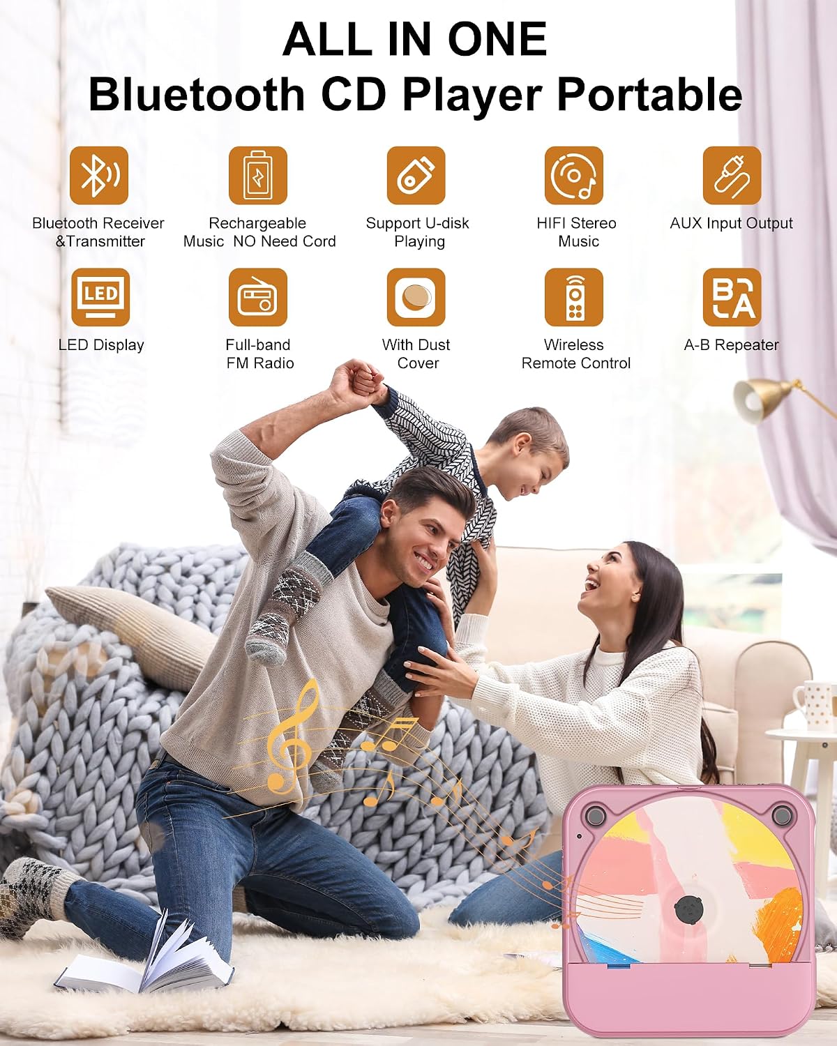 ENVYCLOUD Portable CD Player with Bluetooth, Rechargeable Wireless Mini Desktop for Home with HiFi Speaker, Cute CD