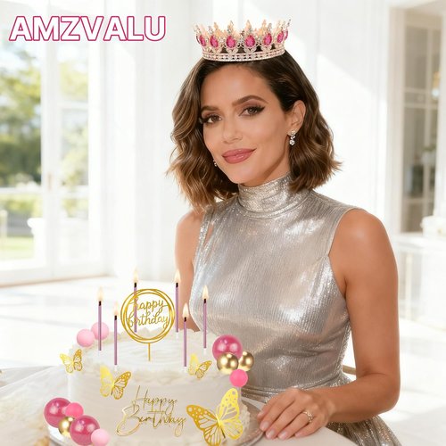 AMZVALU Crown Cake Topper Set - 3 Happy Birthday Decorations with Candles & Butterflies | Rose Gold & Pink