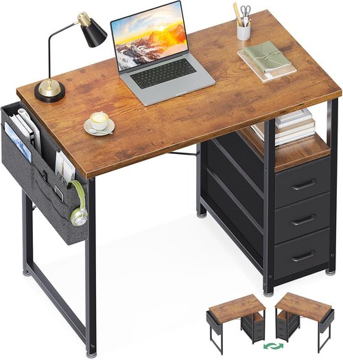 AODK 32" Small Computer Desk - Vintage Writing Desk with Fabric Drawers & Storage Shelf for Kids' Bedroom