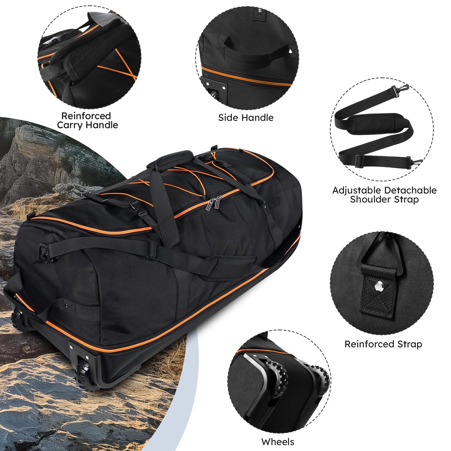 Vrtisa 110L Expandable to 140L 32” Foldable Oxford Soft-Sided Rolling Duffle Bag with 2 Heavy-Duty Wheels,2 Large Compartments,Adjustable Shoulder Strap and Attached Organizer Pouch,Black Orange