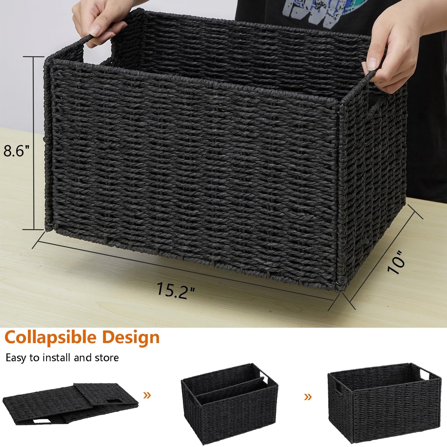 Vagusicc Wicker Storage Basket, Set of 2 Hand-Woven Paper Rope Wicker Basket, Small Storage Baskets for Organizing Toilet Paper Baskets, Foldable Large Cube Storage Organizer Bin for Shelves (Black)