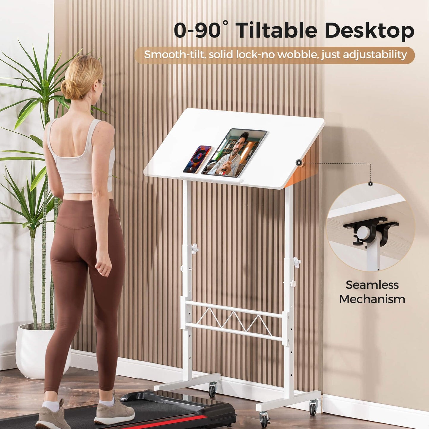 COMHOMA Small Standing Desk Adjustable Height & Tiltable Tabletop, Mobile Stand Up Desk for Laptop, Portable Computer Table for Home Office Work and Walking Pad Treadmill, Height 30.7"-46.4", White