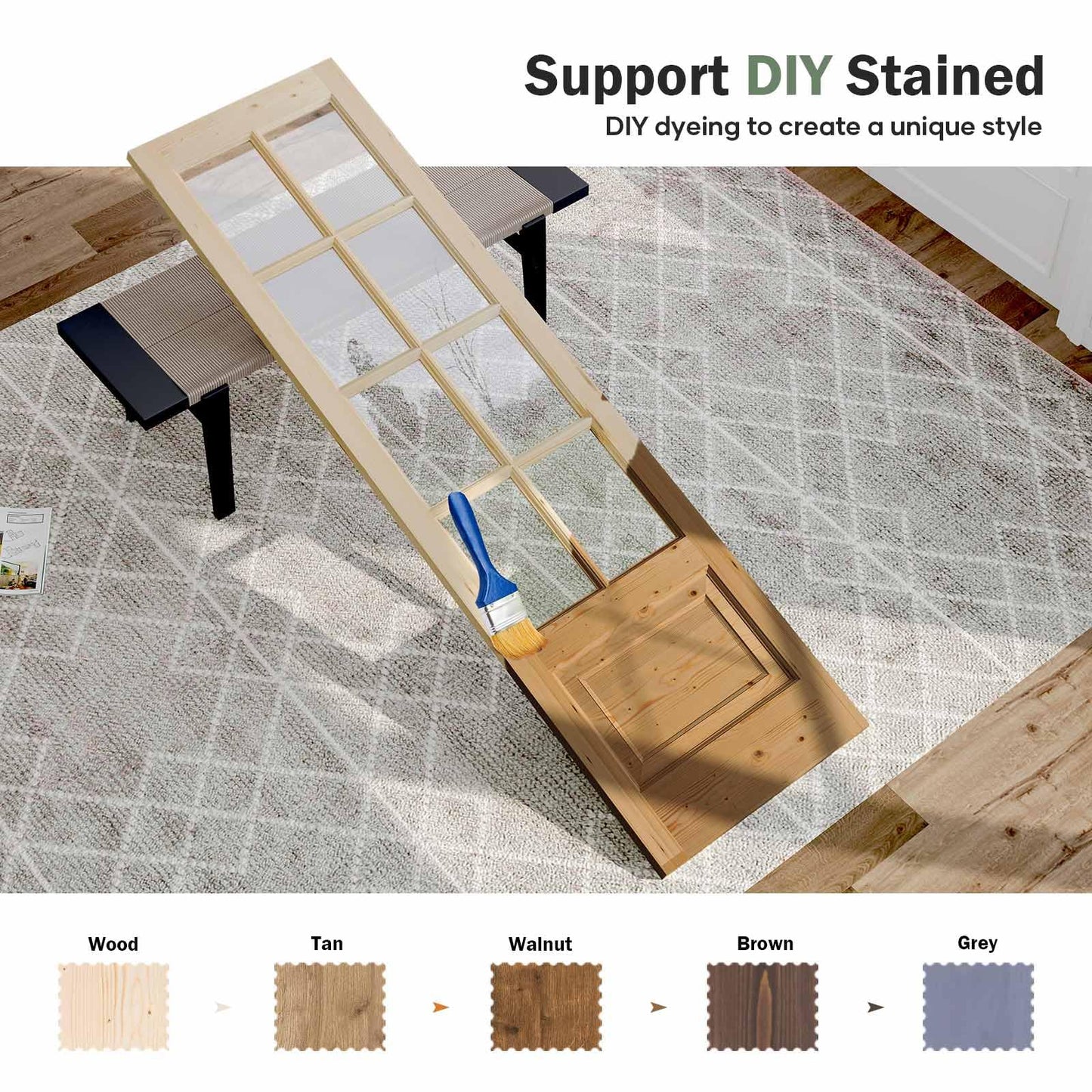 Roymelo Preassembled 48x84 (Double 24x84) Inch Clear Glass French Interior Door with 8Ft Barn Door Hardware Kit Included, Spruce Wood Support DIY Dyeing, Easy Assembly