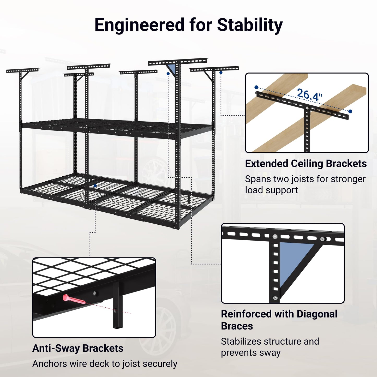 FLEXIMOUNTS 4x8 2-Tier Overhead Garage Storage Rack – Adjustable Heavy Duty Metal Garage Ceiling Storage Racks, 1000 lbs Capacity – Garages Organization System for 9–15 ft Tall Garages, Black