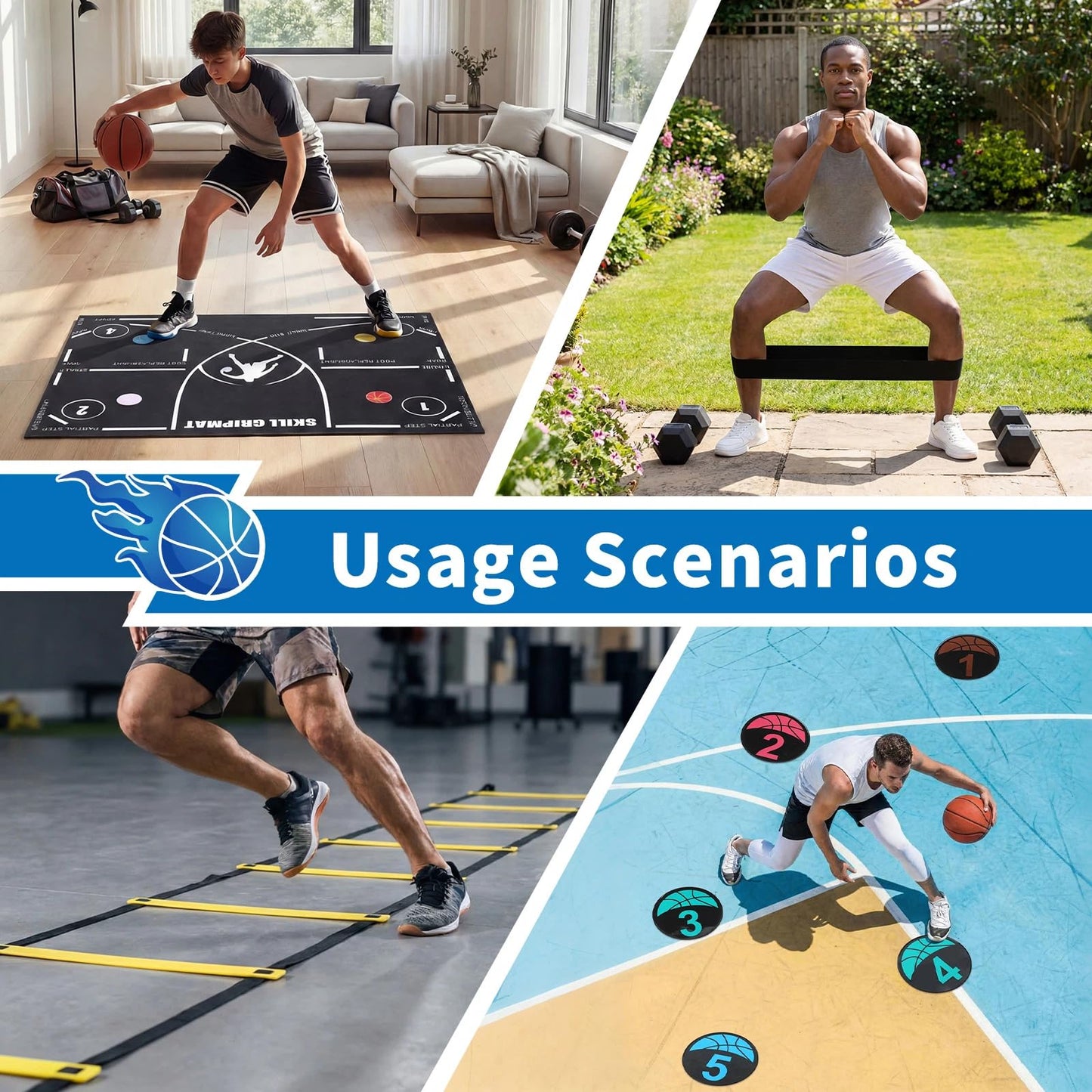 Silipull 15 Pcs Portable Basketball Training Equipment Footwork Training Mat Agility Drill Mat Non-slip Basketball Practice Aids for All Levels to Improve Speed, Strength Coordination(47 x 31 Inches)