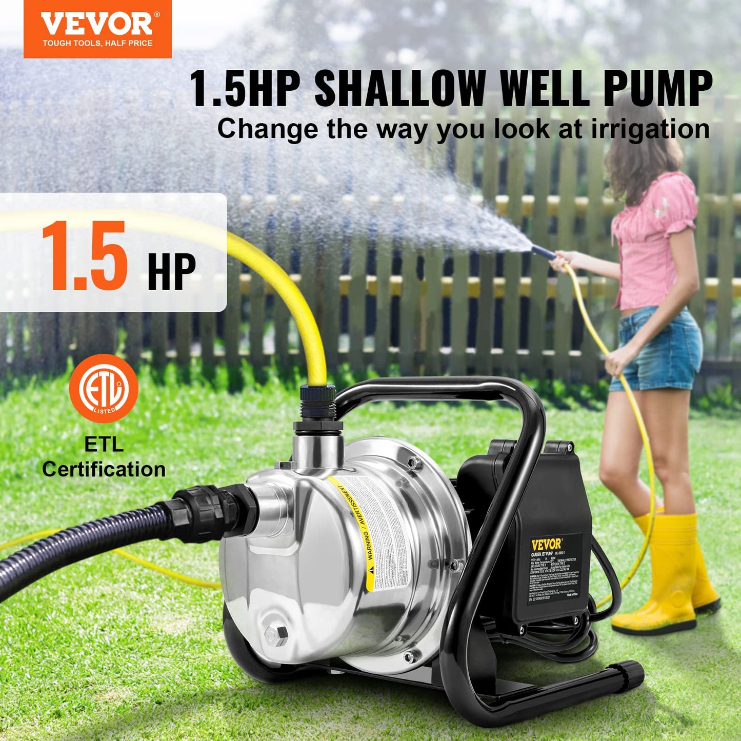 VEVOR Shallow Well Pump,Garden Jet Pump, 1.5 HP 115V, 1200 GPH 164 ft Height, Stainless Steel Sprinkler Booster Jet Pumps for Garden Lawn Irrigation system, Lake Fountain, Water Transfer