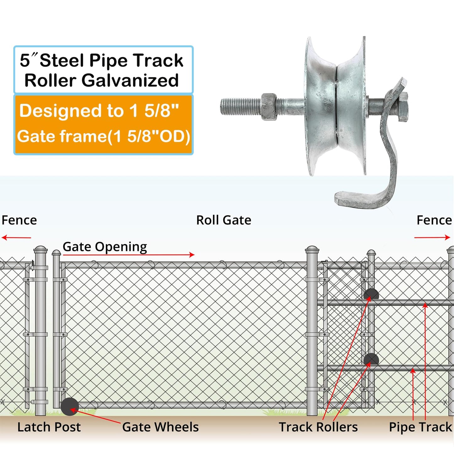 Sliding Gate Rollers 5" Steel Pipe Track Roller Galvanized for 1 5/8" Pipe Track (Pack of 2)