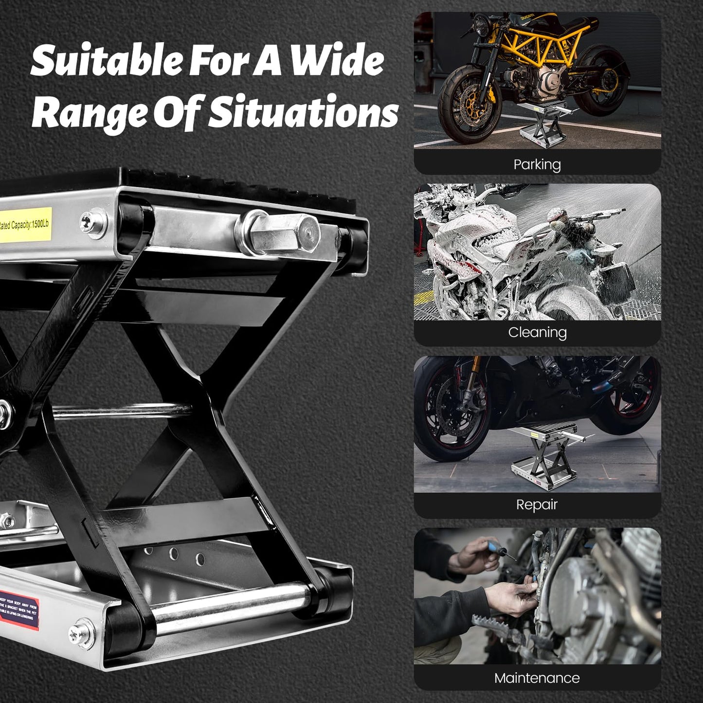 1500 LBS Motorcycle Jack, Thickened 0.48" Rubber Pad Motorcycle Stand Lift, Upgraded Labor-Saving Bearing, Steel Motorcycle Center Stand with Carrying Handle and Anti-Slip Bottom for Heavy ATV