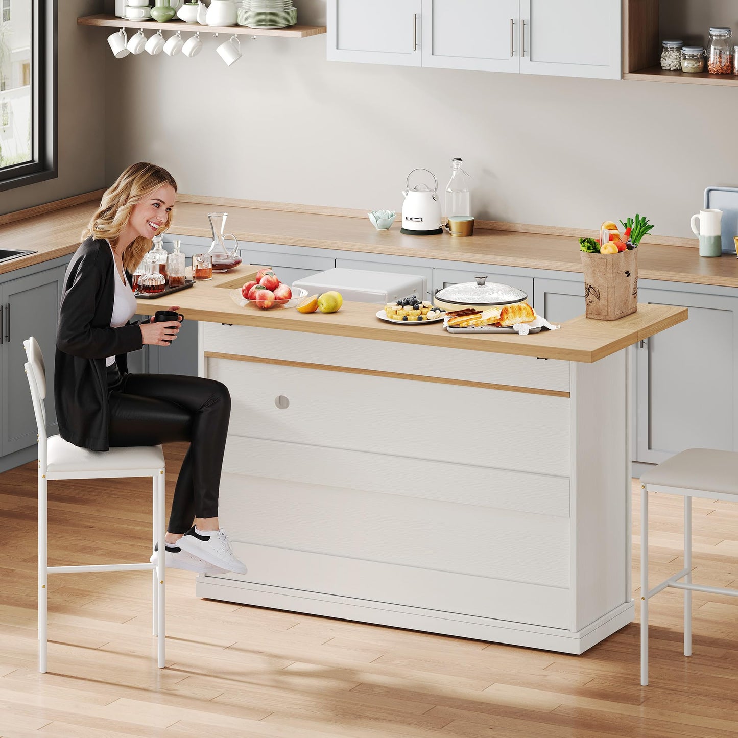 Homiflex Kitchen Island with Seating, Rolling Kitchen Islands with Storage, 55" W Large Island Table, Breakfast Bar Counter with Drop Leaf, Trash Can Cabinet, Power Outlet for Dining Room, White