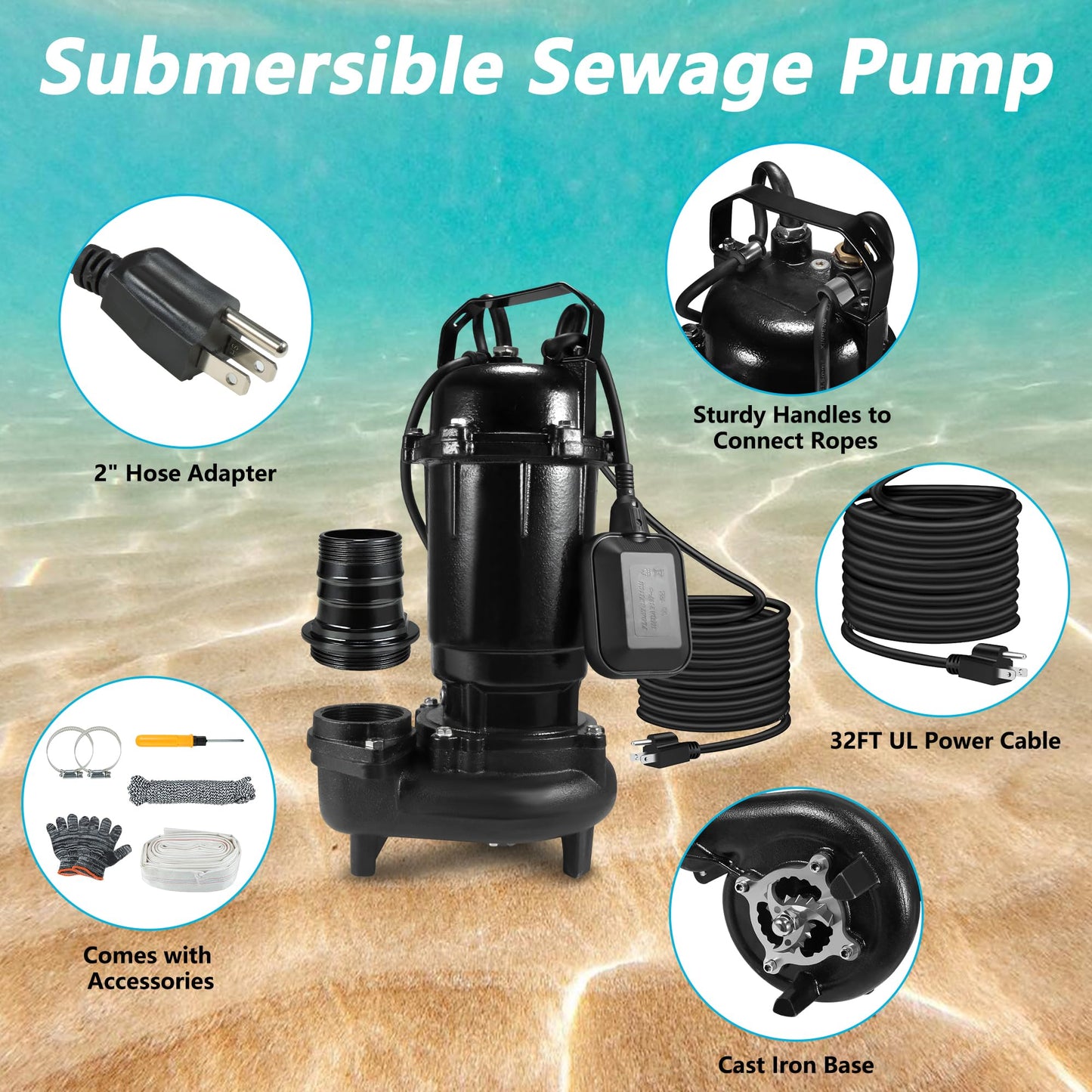 Sump Pump Submersible, Sewage Grinder Pump 110V 6400GPH 40Ft Max Head, Cast Iron Effluent Pump with Auto Float Switch 2'' NPT for Basement Basin Sewage Well Pond Swimming Pool, 32Ft Power Cord