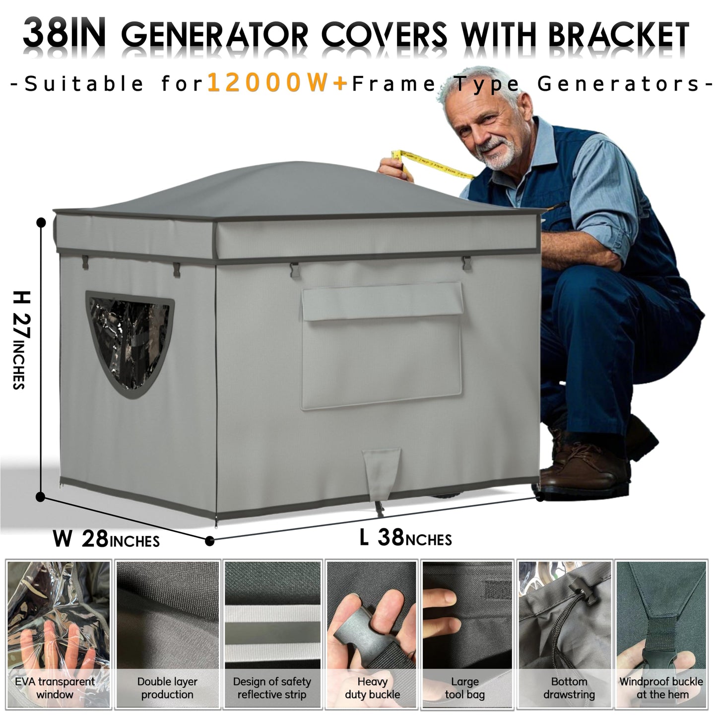 Generator Tent Cover with Bracket,Generator Covers While Running,Rooftop Design,No Water Accumulation,100% Waterproof Heavy Duty Tarps Generator Tent,38 "x28 " x27 ",Gray.
