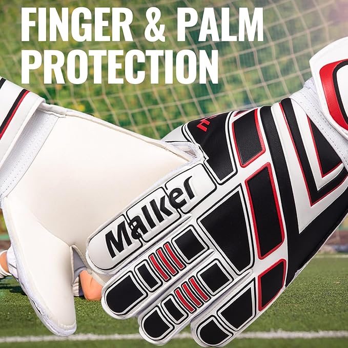 Malker Soccer Goalie Gloves Goalkeeper Gloves with Fingersave and Double Wrist Protection, Strong Grip Goalkeeper Gloves for Kids, Youth, Adults
