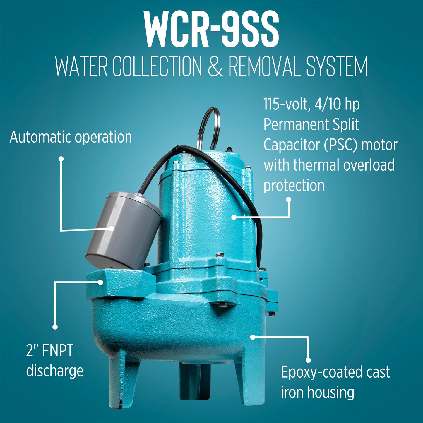 Little Giant WCR-9SS 115 Volt, 4/10 HP, 4800 GPH Automatic Outdoor Water/Seepage Collection and Removal System with Sewage Pump, 20' Piggyback Float Switch, Steel Cover, Green/Blue, 509082