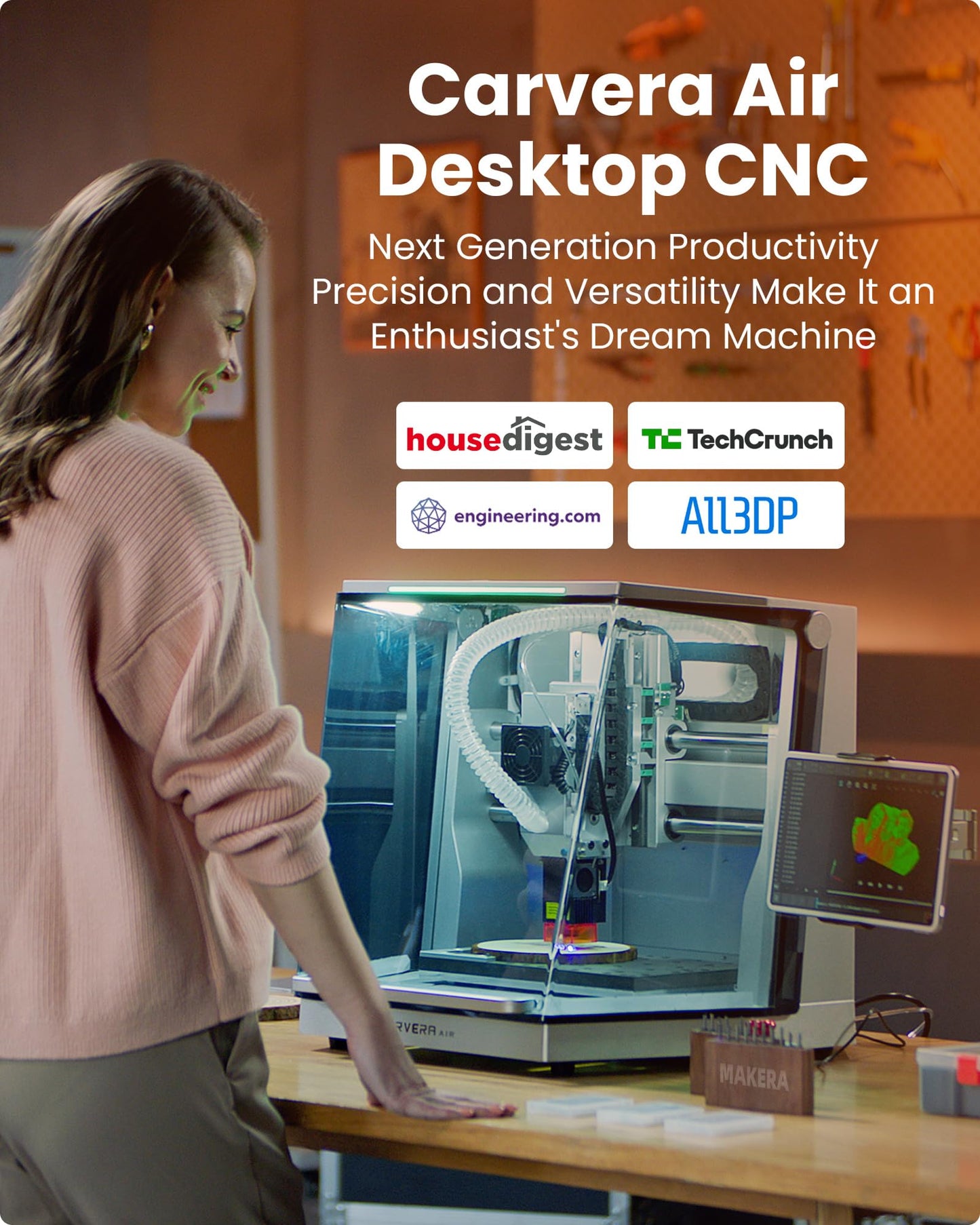 Carvera Air Desktop Machine with 4th Axis and PCB Fabrication Pack, Compact Enclosed Mini CNC Router Mill, Quick Tool Changer Closed-Loop Control, User-Friendly CAM Milling,Cutting, DIY, Crafts