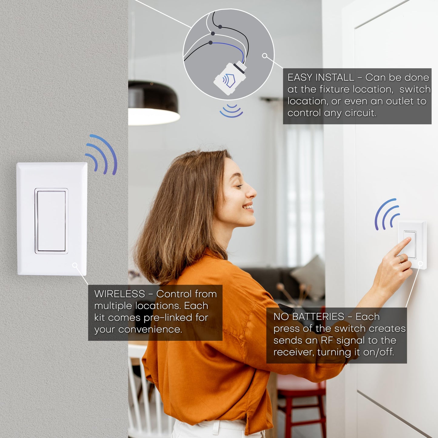 RunLessWire 3-Way Battery-Free DIY Wireless Light Switch Kit 150ft RF Range Self-Powered by Kinetic Energy for Hallways & Stairways: 2 Remote Switches Control 1 5A On/Off Receiver White