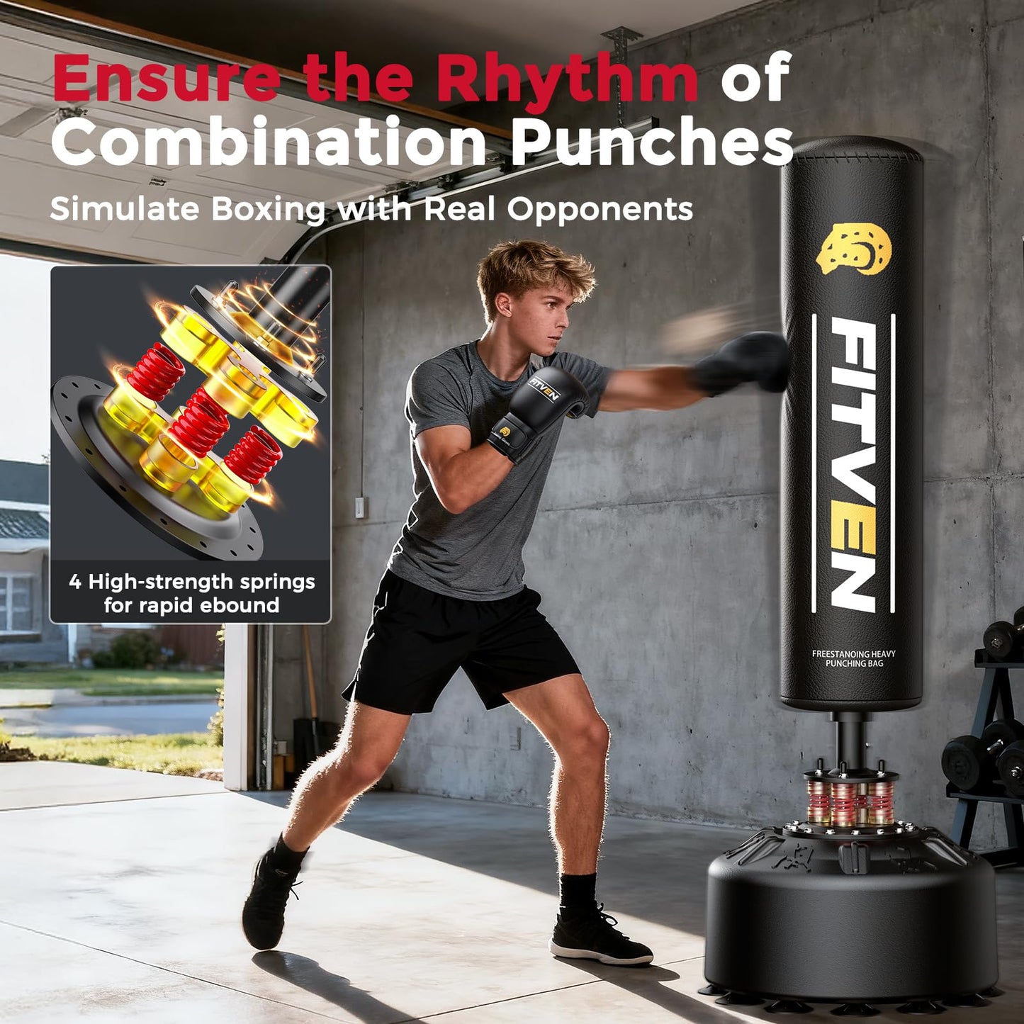 FITVEN Freestanding Punching Bag 70''-190lbs with Boxing Gloves Heavy Boxing Bag with Suction Cup Base - Men Stand Kickboxing Bag for Home Office