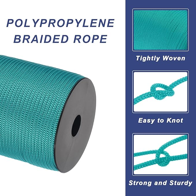 MECCANIXITY 5/32 Inch Polypropylene Rope Braided Ropes, 328ft Camping Rope Hollow Utility Cord for Clothesline, Hiking, Outdoor, Peacock Green