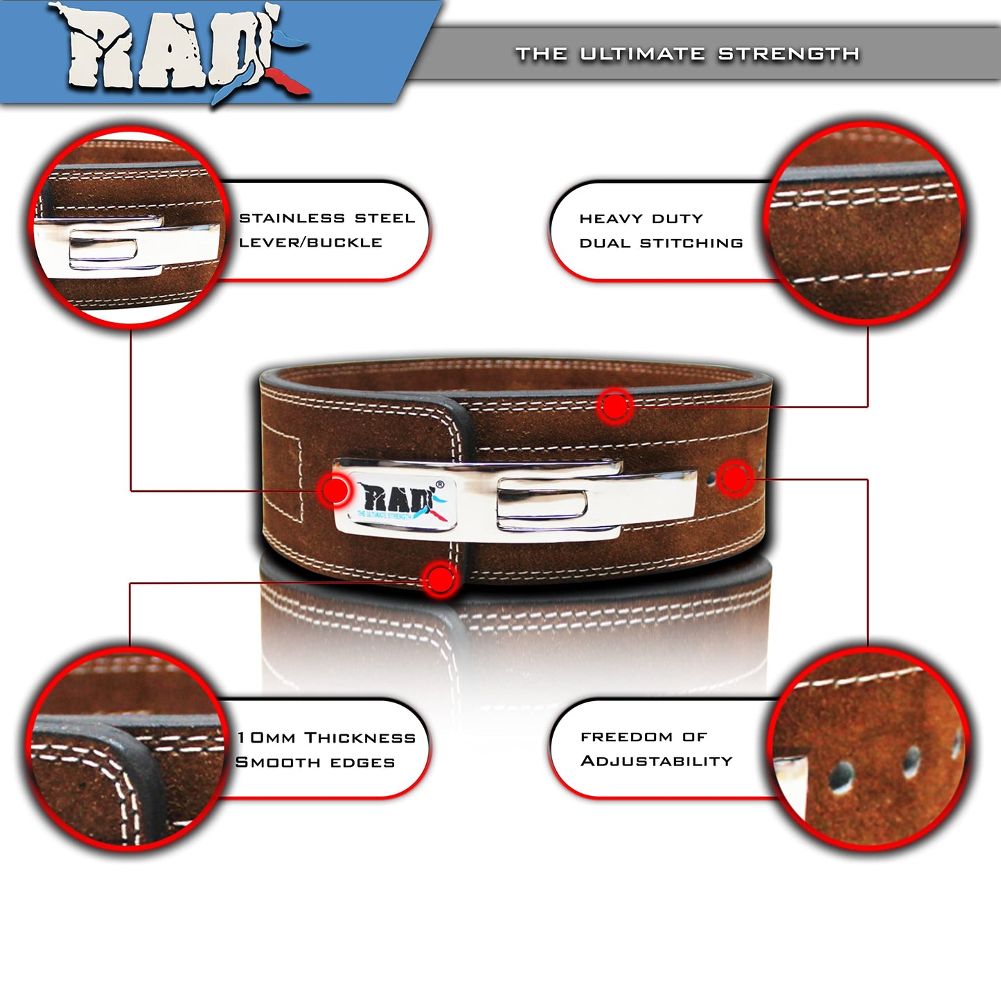 RAD Lever Weight Lifting Gym Belt for Men & Women, Size 38 Inches, Brown, 10MM Thick, 4 Inch Width, Leather, Powerlifting & Weightlifting