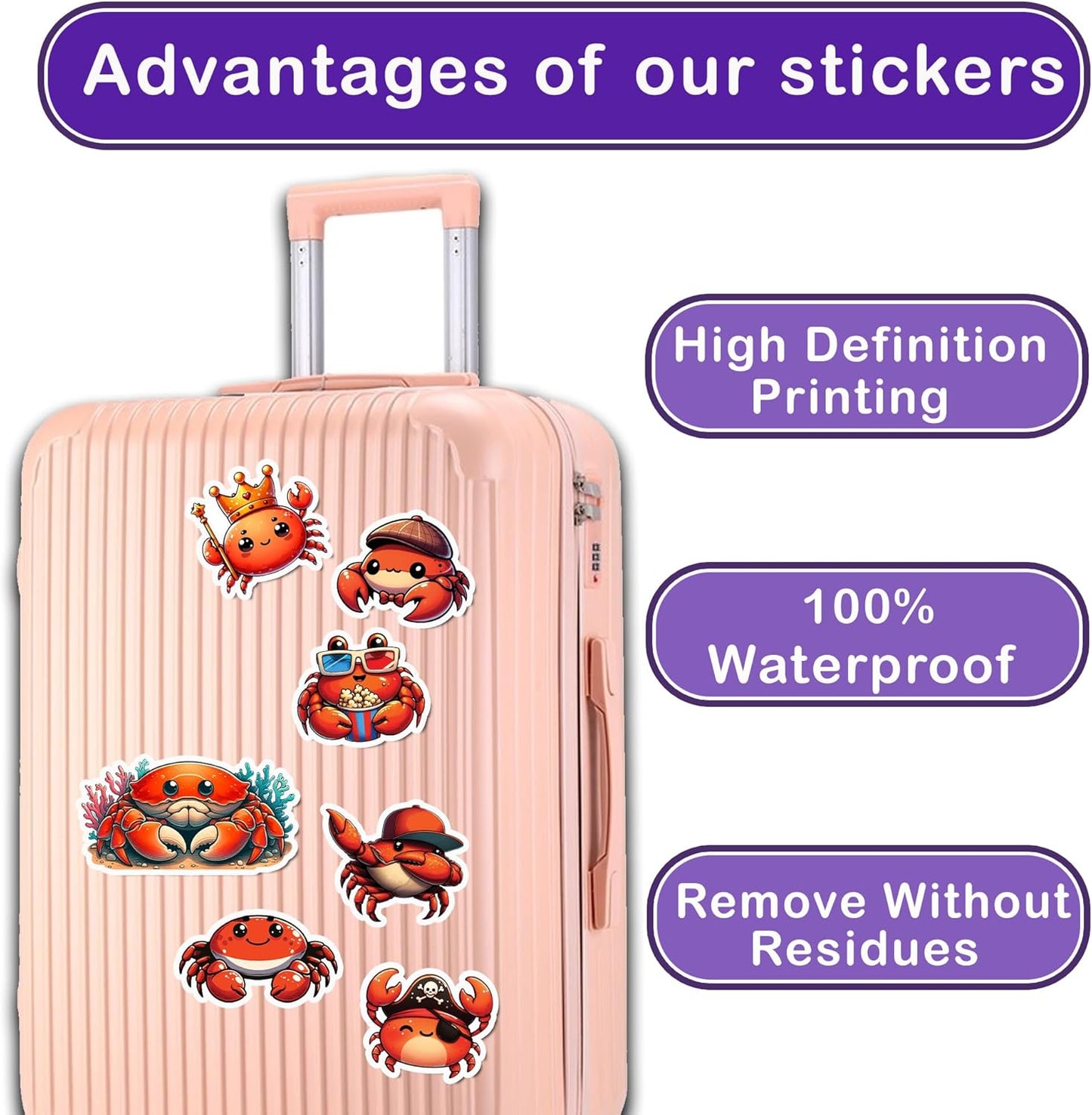 BIGZORO Pack 50 PCS Crab Stickers Print Sea Ocean Animal Waterproof Vinyl Decals Cute Items for Men Women Kids Boys